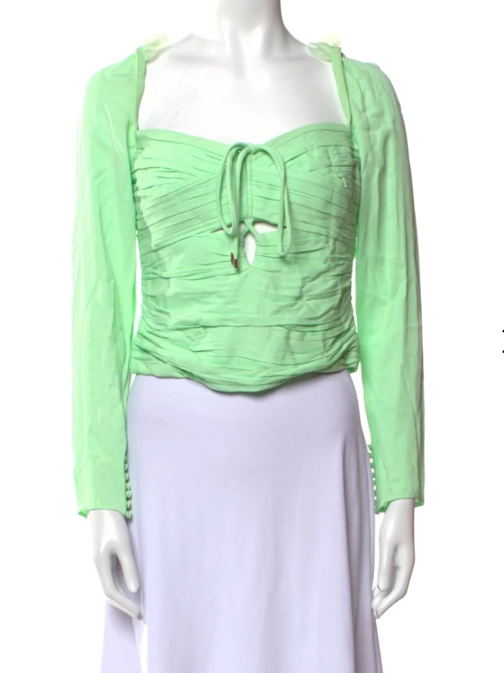 Self-Portrait Light Green Ruched Long Sleeve Tie-Front Blouse